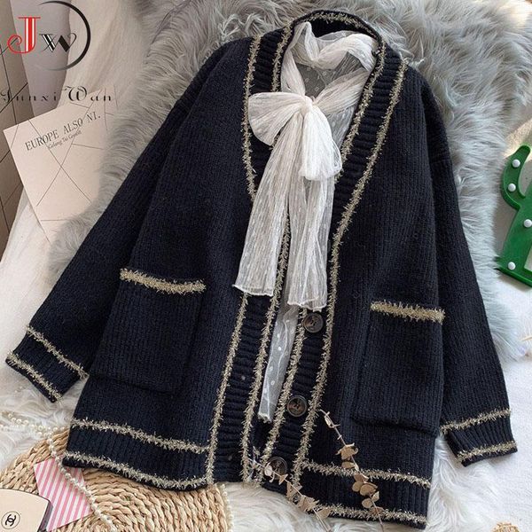

women's knits & tees black elegant long sleeve loose sweater women 2021 single breasted female cardigan soft knitted jumper pull femme, White