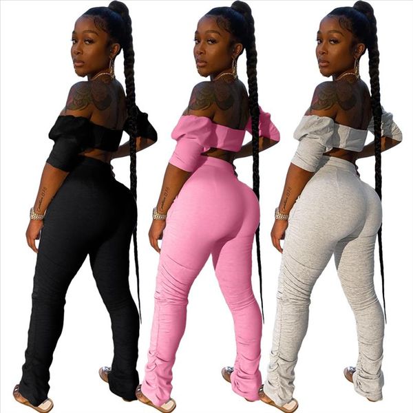 

stacked legging set women nightclub tube stacked ruched pants sports casual fashion suit two piece set women drop ship, Gray