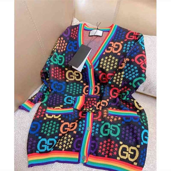 

high version european goods and foreign style knitted cardigan women's autumn and winter loose leisure printing color letter sweater, Black;brown