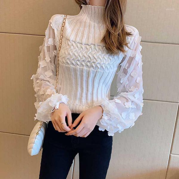 

floral appliques mesh patchwork sweater women lantern sleeve knitted pullovers turtleneck twisted cropped jumper white x4091, White;black