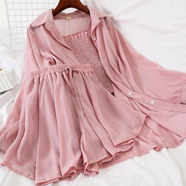 

women chiffon 3 piece sets new 2020 summer thin jacket shorts outfit ladies fashion three pcs set streetwear tracksuit, Gray