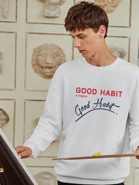 

men slogan graphic drop shoulder pullover p3nn#, Black