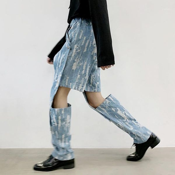 

1pcs=2pcs men's jeans pants multi way detachable hip-hop jogger buttons patchwork straight shorts trousers sweatpants1, Blue