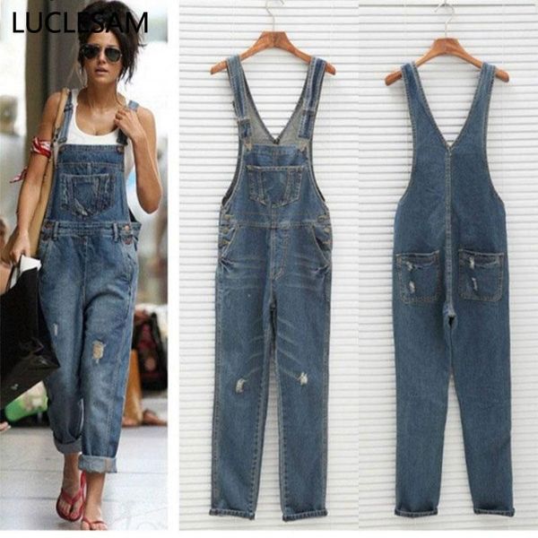 

women's jeans womens destroyed hole jumpsuit vintage ripped overalls causal washed cotton trousers 2021 fashion suspender pant1, Blue