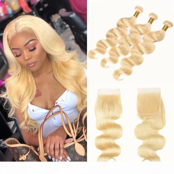 

peruvian cuticle aligned hair 613 blonde bundles with closure body wave human hair 4*4 lace closure with 3 bundles 100g pc 10-24 inch, Black;brown
