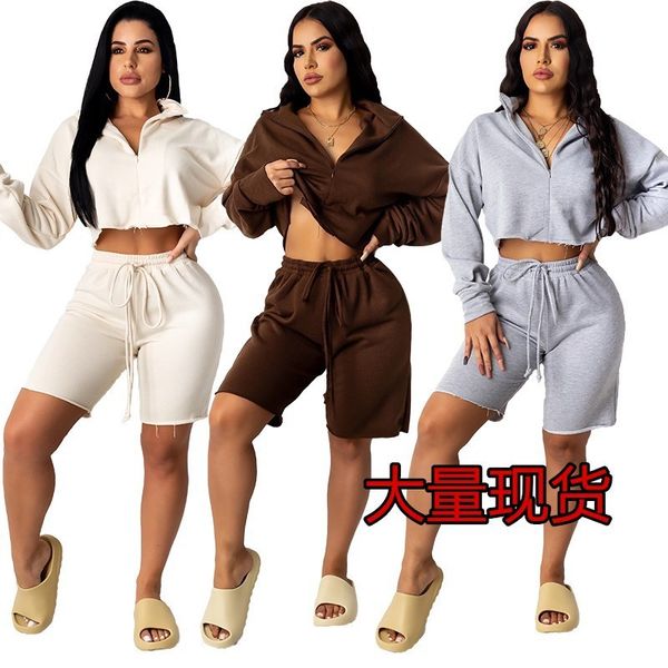 

women's zipper cardigan stand collar solid color sportswear suit, Gray