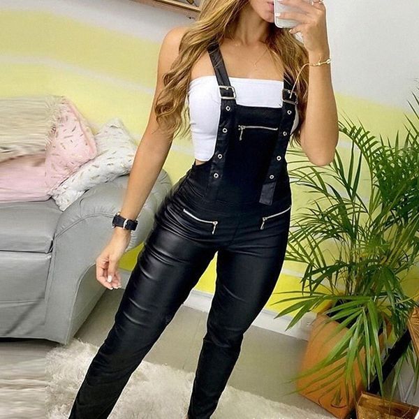 

women's fashion overalls rompers zipper full length pants casual weekend micro-elastic plain pu comfort mid waist blue black brown s, Black;white