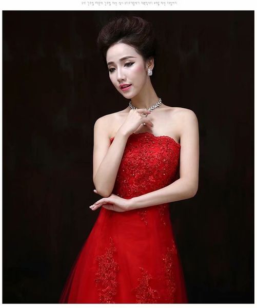 

2021 new red elegant lace long wedding gown as a bride dressed novice strapless lace-up aoj8, Blue;red