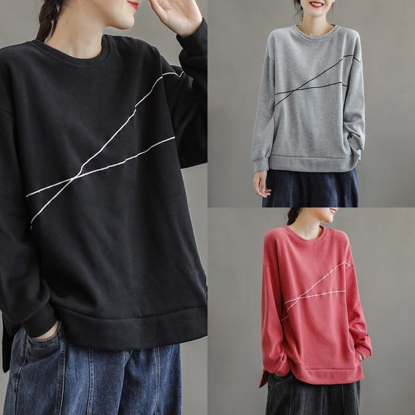 

qi engrave drawing autumn sweater women's loose korean clothes clothing open line stitching round neck casual lazy style ins fashion, White