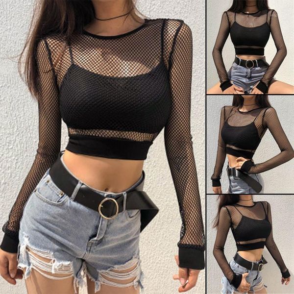 

women sheer mesh fish net see through crop party club t-shirt streetwear vintage ladies fashion clothing1, White