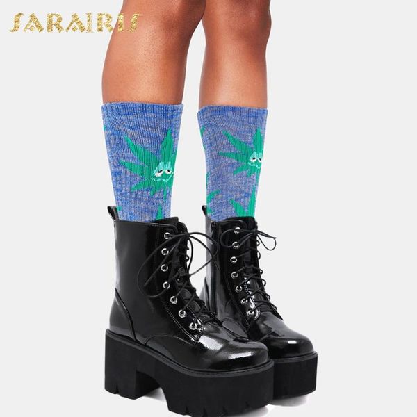 

boots sarairis 2021 design big size 42 lace autumn womens ladies platform patent leather punk goth style motorcycle boot, Black