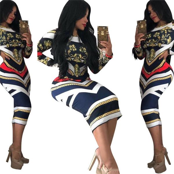 

autumn winter vintage women long sleeve o-neck poker cards chain print dresses women bodycon dress white black dropshipping, Black;gray