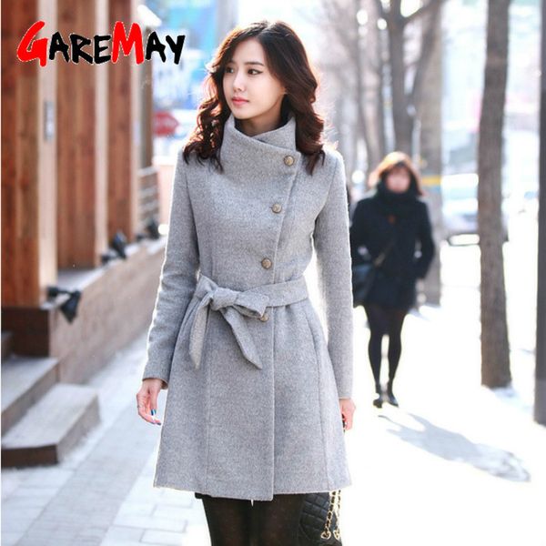 

garemay winter women's blend coat lapel wool trench jacket long sleeve elegant thick warm long belted coat female cape cloakx1020, Black