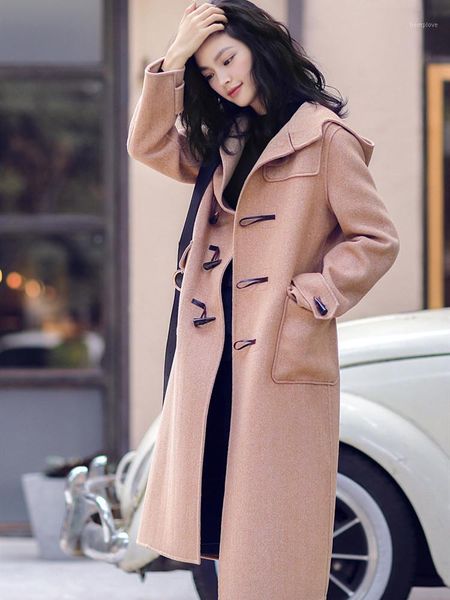 

aigyptos 2020 retro college style long herringbone pattern hooded horn buckle double-sided wool coat woolen coat1, Black