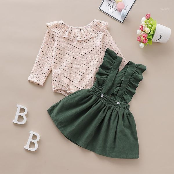 

2pcs toddler baby girls clothes strap kids dresses for girl long sleeve bodysuit dots outfits set babies dresses 0-18m1, White