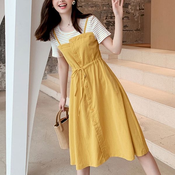 

жир мм иностранного стиля лето новый стиль платье юбка летней талии платье 2020 большая модная длина средней поддельные два кусок талии юбки, Black;gray