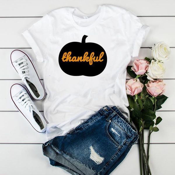 

women lady t shirt thankful pumpkin printed tshirt ladies short sleeve loose tee shirt women female clothes graphic t-shirt, White