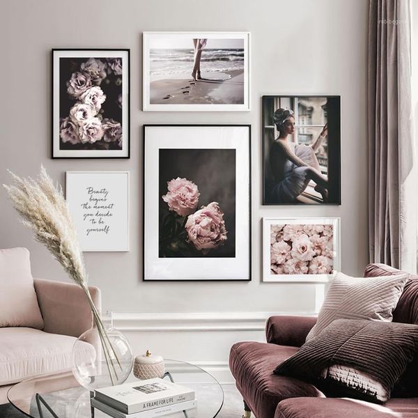 

paintings modern pink peony floral girl footprints canvas painting wall art pictures poster print interior living room home decor no frame1