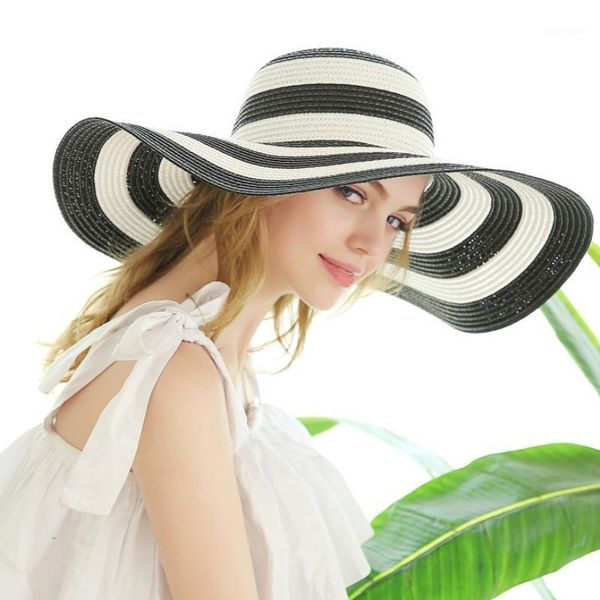 

ht3071 large wide brim hat new fashion summer sun hat beach cap women vintage striped beach ladies female floppy straw1, Blue;gray