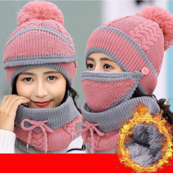 

women winter warm hat windproof hat cycling skiing knit scarf mask sets warm knitted fashion casual new 2020 cap