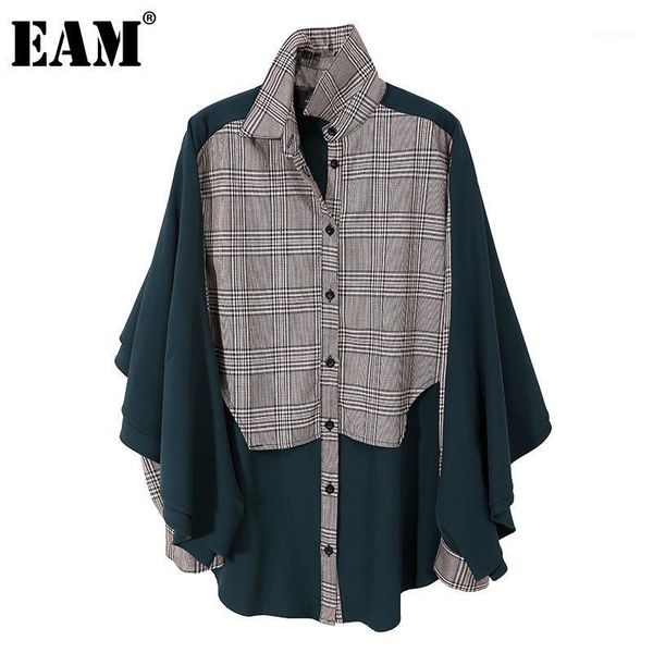 

eam] women plaid irregular split big size blouse new lapel long sleeve loose fit shirt fashion tide spring autumn 2020 1dc2881, White