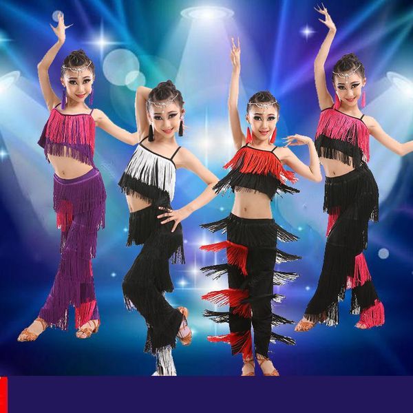 

girls latin dance costumes sequin fringe salsa samba costume kids ballroom tassel dress pants children performance stage outfits, Black;red