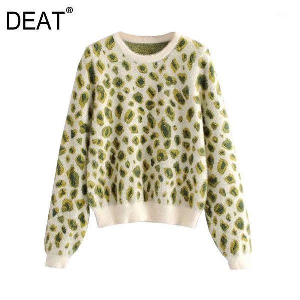 

women's sweaters [deat] 2021 spring autumn fashion tide long sleeve leopard round neck knitted loose women's pullover sweater 13w2, White;black