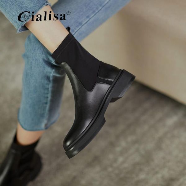 

boots cialisa women shoes 2021 fashion design genuine leather elastic mid heel boot patchwork slip on round toe ankle, Black