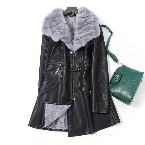 

bottle autumn / winter 2021 celebrity fashion slim fit medium length lapel thickened zipper korean down pu fur coat female 0404, Black