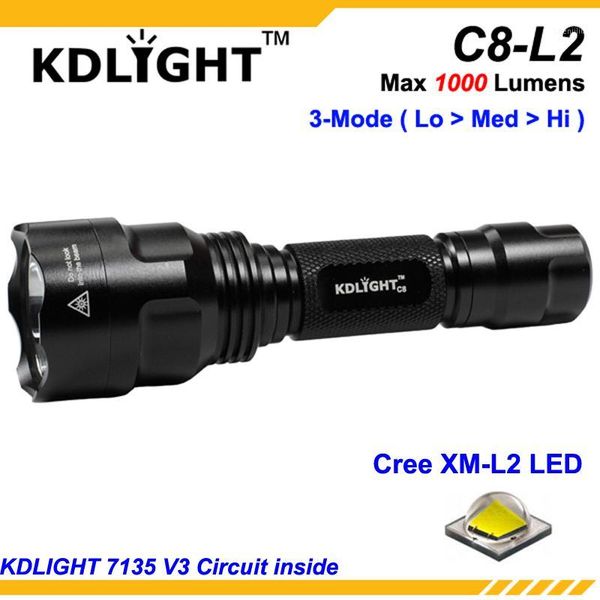 

flashlights torches kdlitker c8-l2 cree xm-l2 1000 lumens 3-mode led - black ( 1x18650 )1