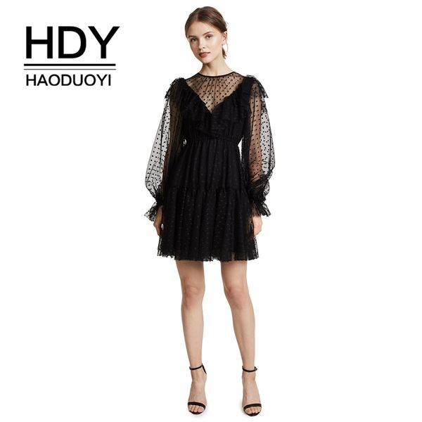 

hdy haoduoyi brand black mini dress wave point chiffon lantern long sleeve vestido semi sheer ladies dresses for female y200102, White;black