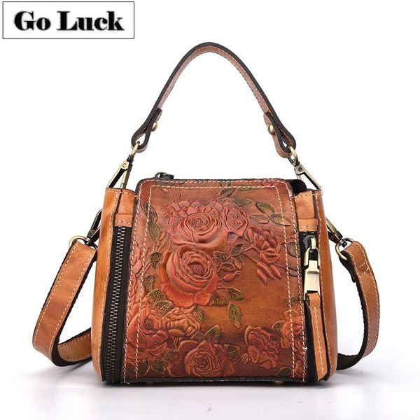 

go-luck brand small handle handbag women genuine leather crossbody shoulder bags ladies cowhide messenger bag floral style