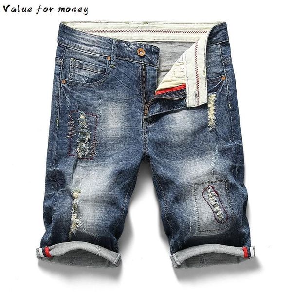 

мужчины шорты джинсы рваные stretch slim fit модные denim short streetwear hiphop проблемные изношенные мужской байкер мото jeans 38, Blue