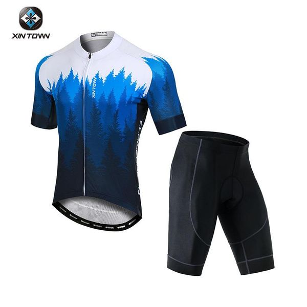 

racing sets tree print blue summer short sleeve cycling wear clothes and trousers strap set, Black;blue