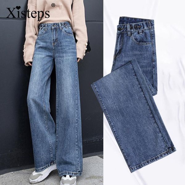 

xisteps women high wiast chic vintage jeans female wide leg loose slim straight long denim pants no stretch 2020 casual, Blue