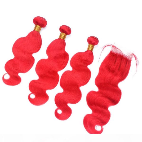 

body wave virgin brazilian red human hair 3bundles with 4x4 lace front closure pure red human hair weave extensions with closure, Black;brown