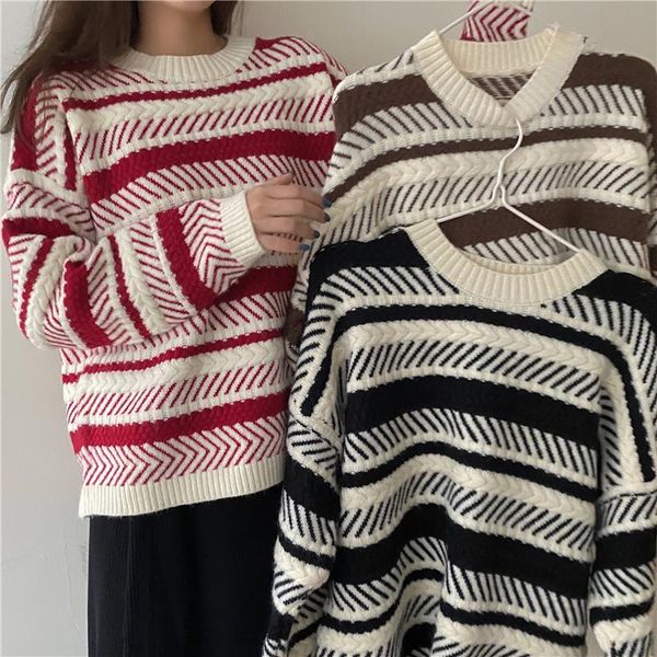 

plus size sweater women stripe autumn winter loose long sleeve pullover korean ladies knitted patchwork sweater female 2021, White;black