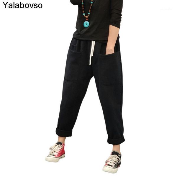 

high waist cotton thick black red trousers with pocket drawstring winter fleece inside loose red cross harem pants yalabovso1, Black;white