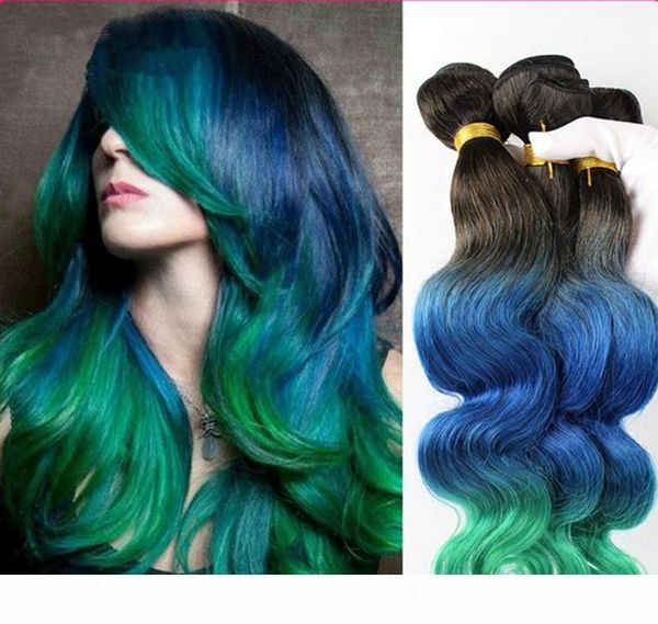 

9a brazilian ombre hair wefts body wave human hair bundles #1b blue teal three tone ombre brazilian hair weaves extensions 3pcs lot, Black
