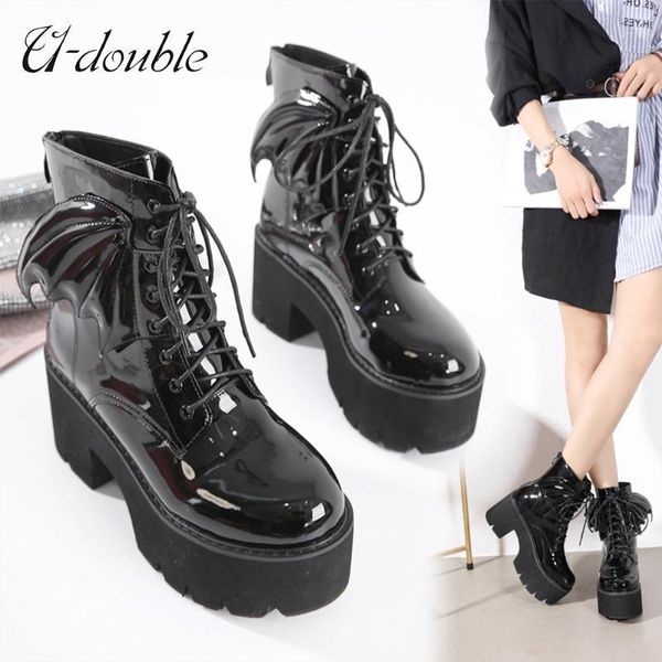

u-double new arrival heel ankle boots women big size brand woman shoes winter thick-bottom patent leather black boots1