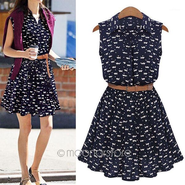 

summer dress new women shirts dress cat footprints pattern show thin shirt dresses with belt1, Black;gray