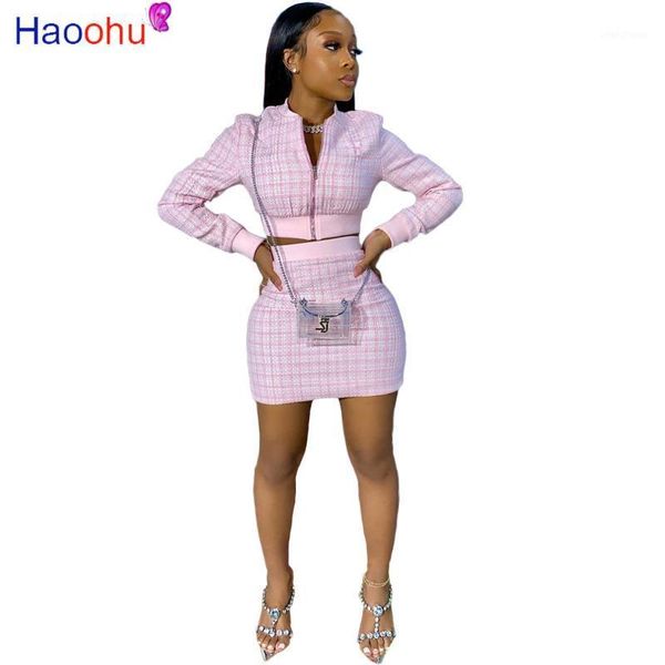 

haoohu women long sleeve jackets bodycon mini skirts suit two piece set vintage matching set1, Gray