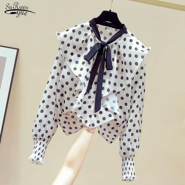 

women's blouses & shirts 2021 fashion chiffon women long sleeve causal lantern polka dot blouse feminine blusas 11151, White