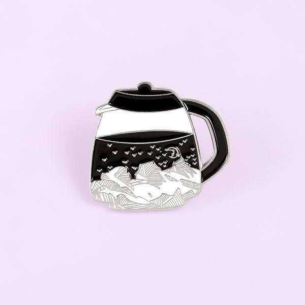 

starry night coffee pot enamel custom mountain moon stars brooch shirt lapel bag outdoors badge gift friends, Gray