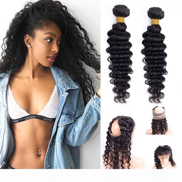 

malaysian human hair natural color 2 bundles with 360 lace frontal 3 pieces lot deep wave bundles with 360 frontal, Black;brown