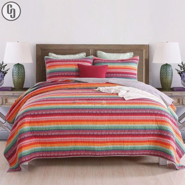 

gxc bohemian quilt set 3pcs thick bedspread rainbow stripe printed quilts quilted bed cover pillowcase king queen size coverlet