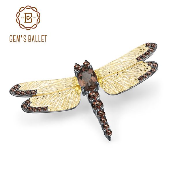 

gem's ballet 1.05ct natural smoky quartz pin brooch fine jewelry 925 sterling sliver handmade dragonfly brooches for women 201009, Gray