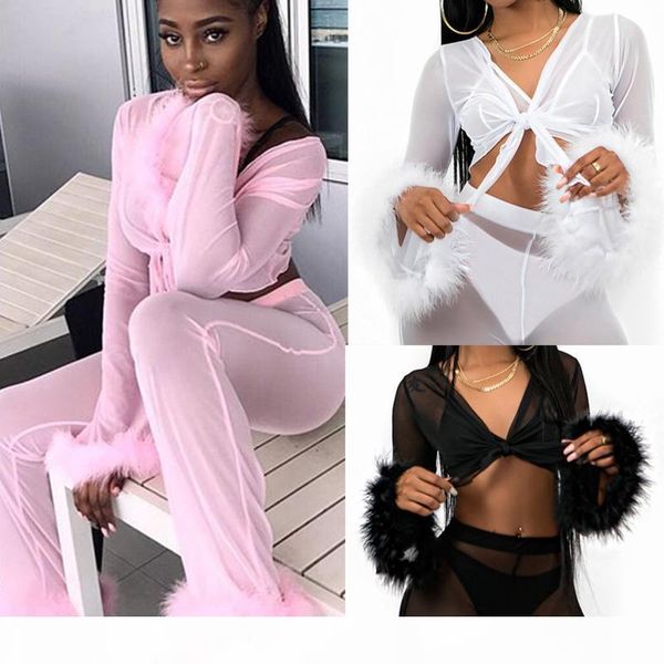 

see through mesh pants faux fur high waist pants new arrival party club outfit crop sets summer women sets, Gray