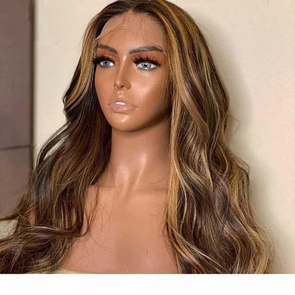 

highlight lace front human hair wigs honey blonde body wave wig brazilian ombre brown remy pre plucked 13x4 lace front wigs, Black;brown