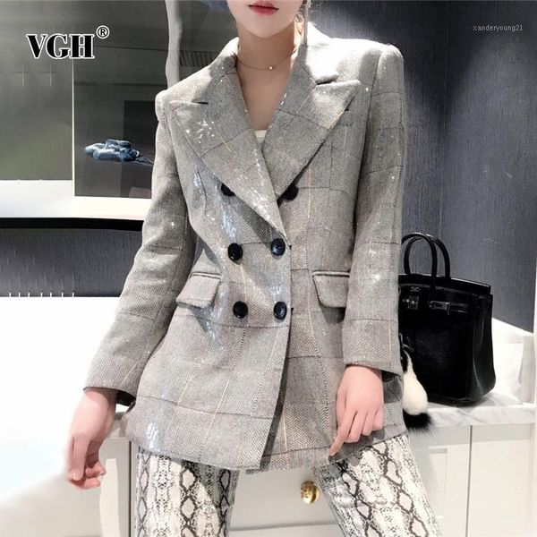 

women's suits & blazers vgh sequined plaid women and jackets long sleeve notched collar korean coat female fashion 2021 autumn1, White;black